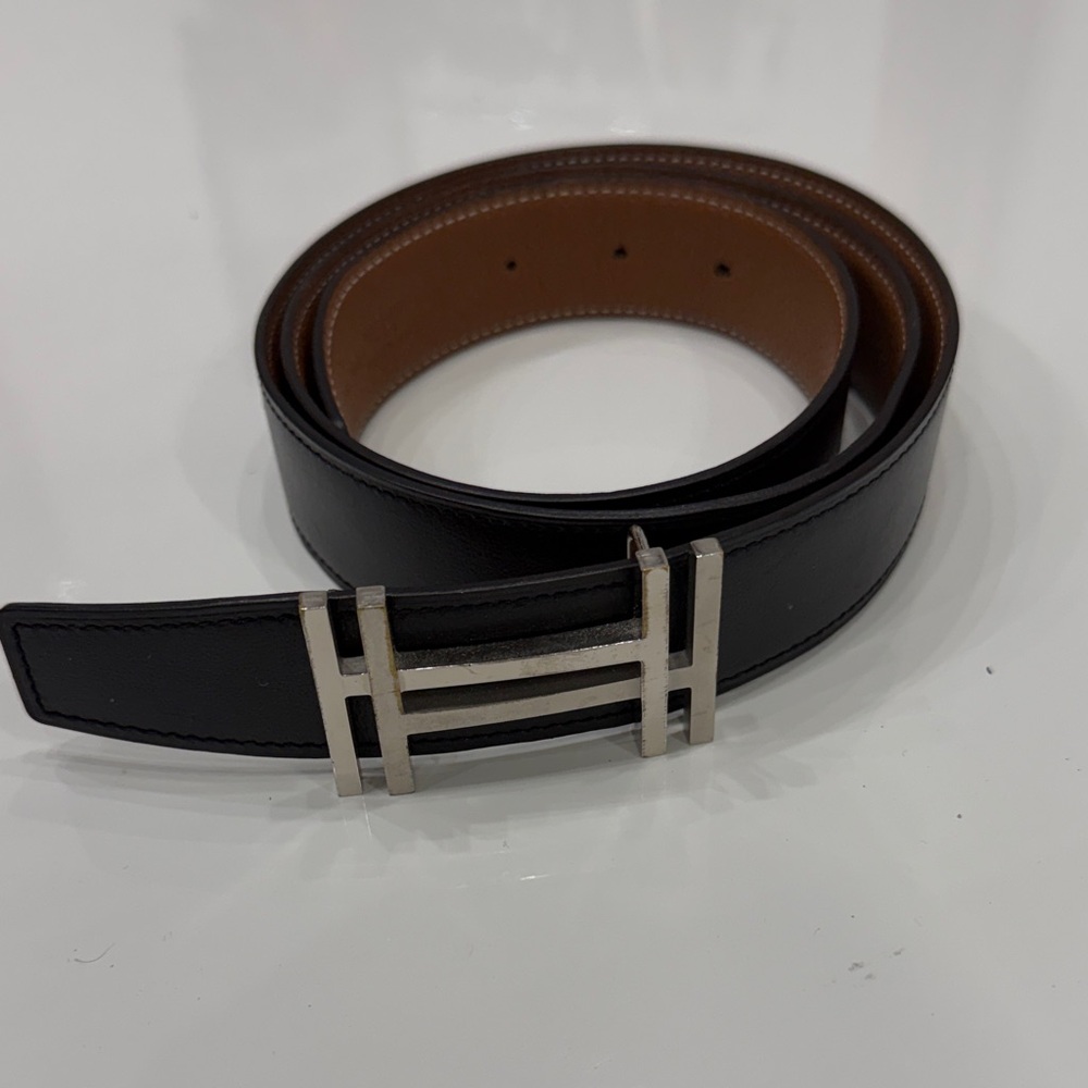 Hermes Reversible Black/Brown Leather Belt with Silver Buckle